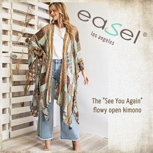 EASEL See You Again" Open Flowy Mixed Print Kimono Side Slit Details